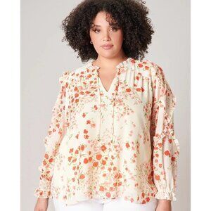 SUGARLIPS Love Bomb Blouse Size 2X Cream Floral Sheer Long Sleeve Ruffles Tie